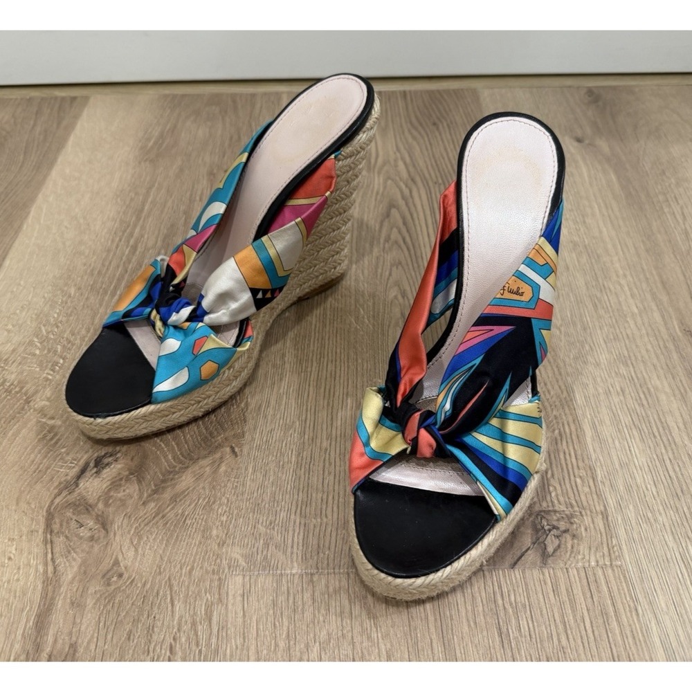 EMILIO PUCCI Wedge Platform Sandals Black/Blue Geometric 40 Made in Spain Y2K